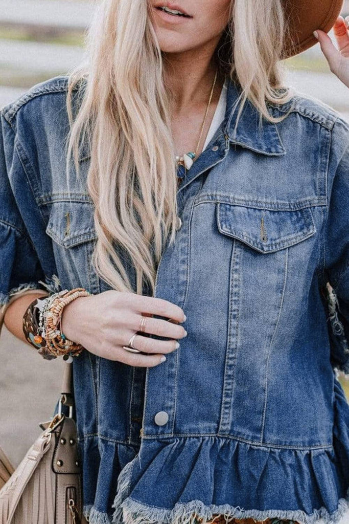 short sleeved jean jacket with frayed sleeves and waist
