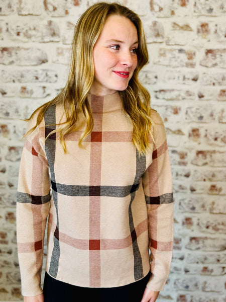 CHECKER MOCK NECK SWEATER