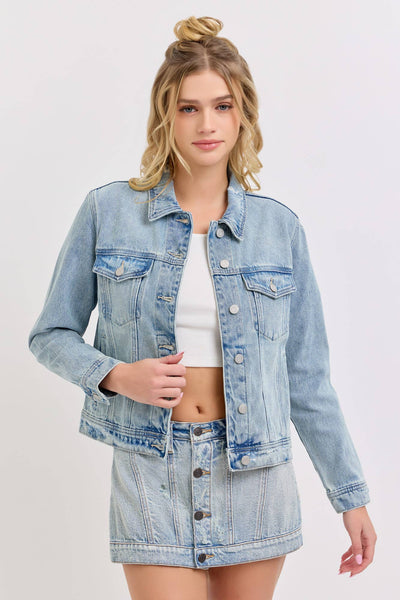 mid length classic jean jacket light color denim with a collared neckline, buttoned cuffs, two front chest pockets are buttoned with frayed hem and 100% cotton