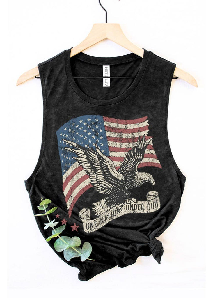 Pre-shrunk sleeveless graphic t-shirt with the American flag and an eagle with the statement One Nation Under God
100% cotton