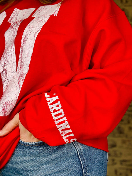 Red sweatshirt with white text worn by a person, blurred background - Cardinals written near wristband of sleeve

