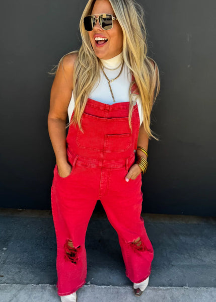 Red Crop Wide Leg Overalls