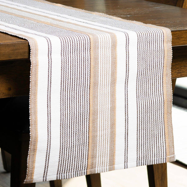 Tan and dark brown striped runner is 13"x 72" and 100% cotton