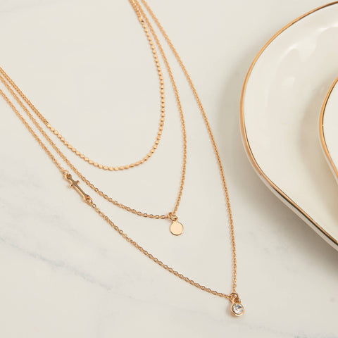  Side cross 3 layer in gold pendant necklace