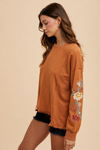 Floral Embroidered Mineral Wash Caramel
