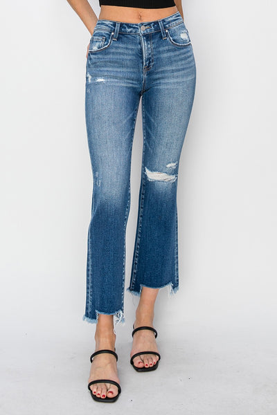 Risen: Mid Rise Frayed Straight Jeans