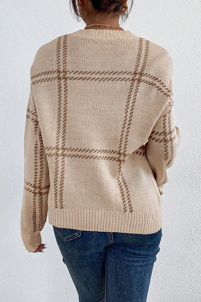 Plaid Drop Shoulder Sweater Beige