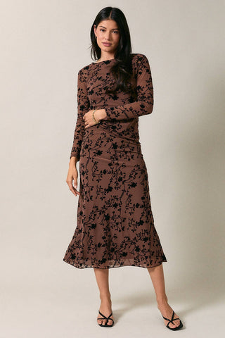 PULL ON MESH FLORAL MIDI SKIRT