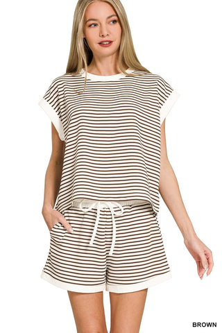 Stripe shorts and T-shirt set. in off white and brown stripes