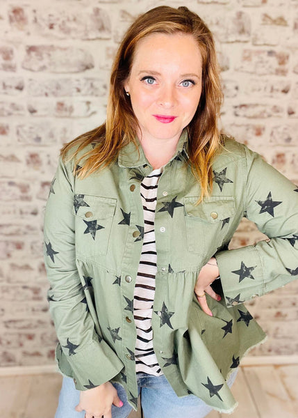 Star Print Olive Peplum Jacket