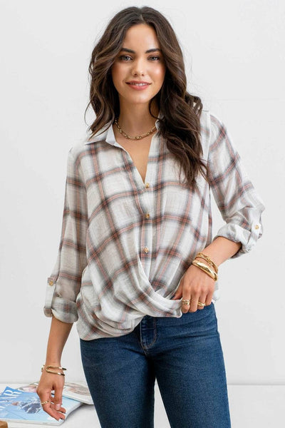 PLAID WRAP BUTTON TOP