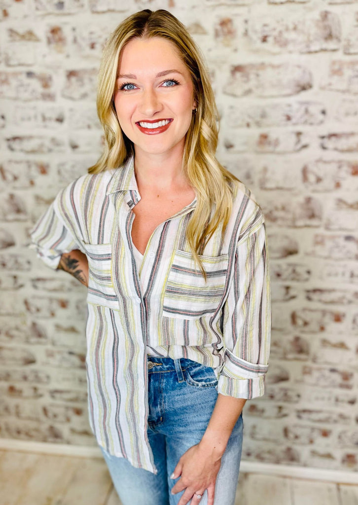 Gray and Yellow Striped Button Up Laney Lu's Boutique