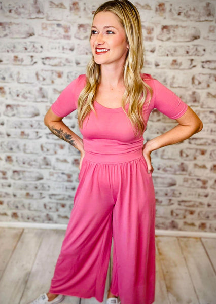 Mauve Wide Leg Short Sleeve Jumpsuit