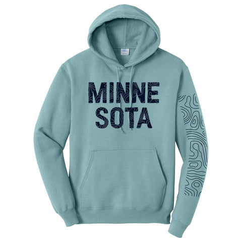 Aqua blue/sage green Minne Sota hoodie with 1 sleeve graphicly swirled (faux lake) designed 