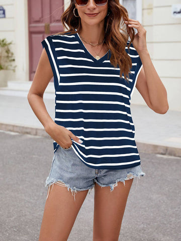 Navy blue and white stripe v neck t shirt not quite short sleeve or tank. Warmer weather top or in layers
