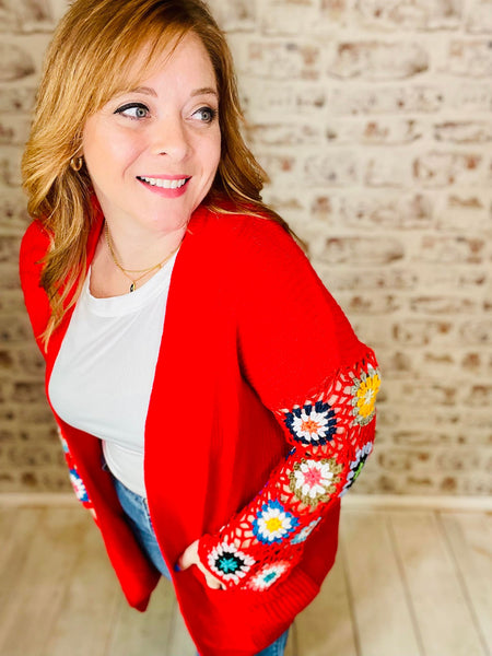 Crochet Slv Cardigan Red