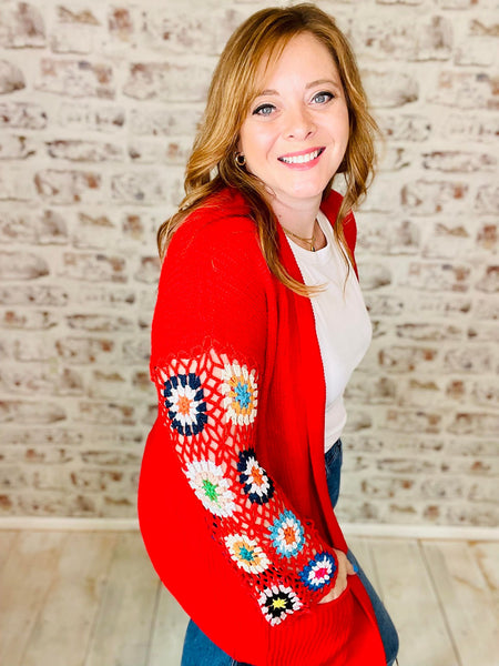 Crochet Slv Cardigan Red