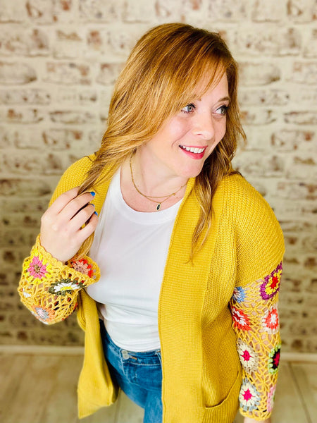 Crochet Slv Cardigan Mustard