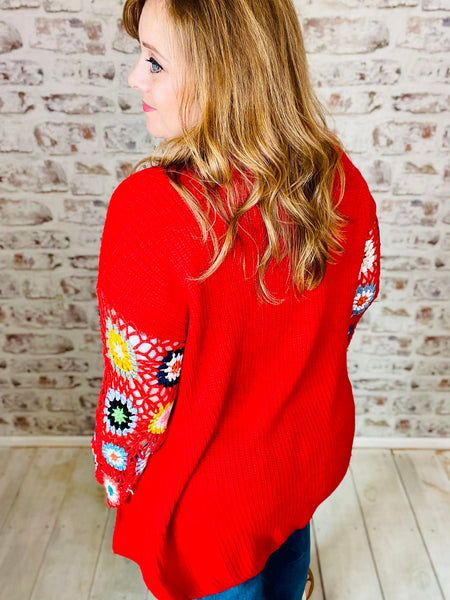 Crochet Slv Cardigan Red