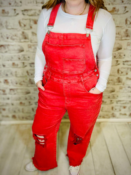 Red Crop Wide Leg Overalls