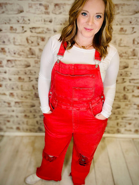 Red Crop Wide Leg Overalls