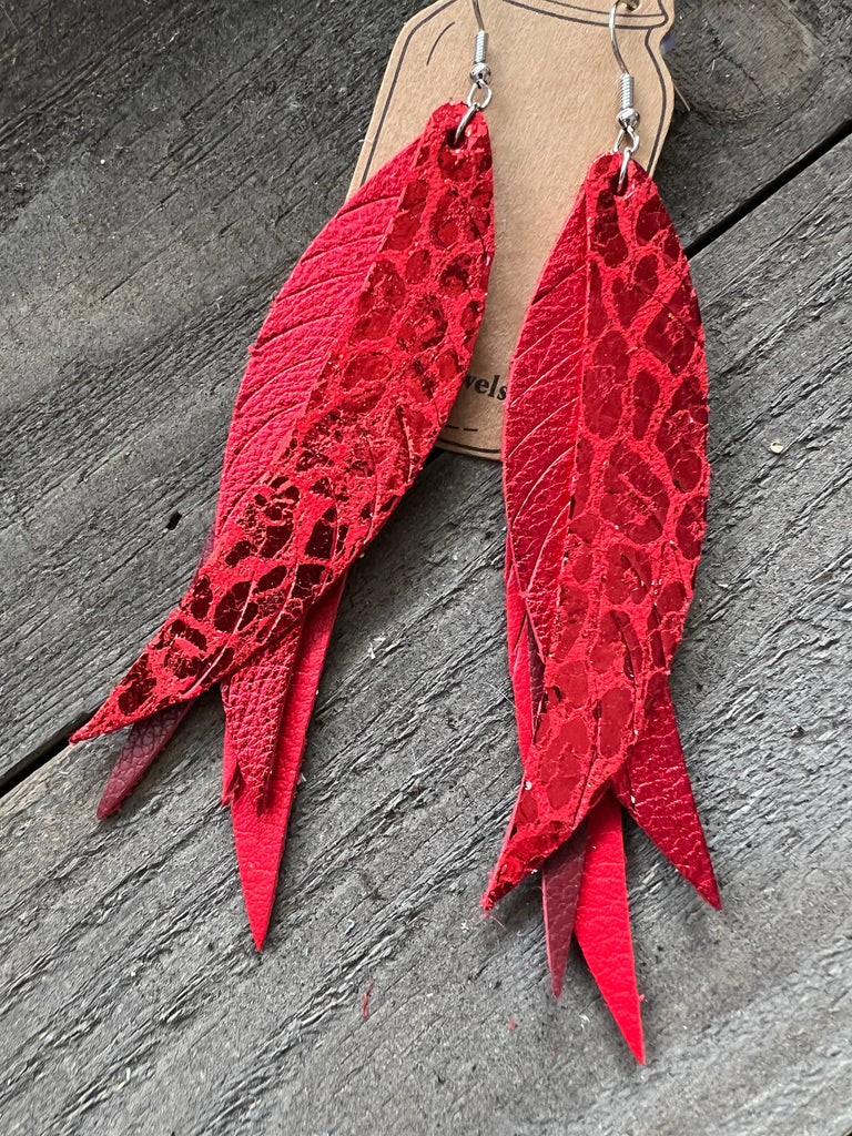 Red Leopard Metallic Fringe Feather Leather Earrings