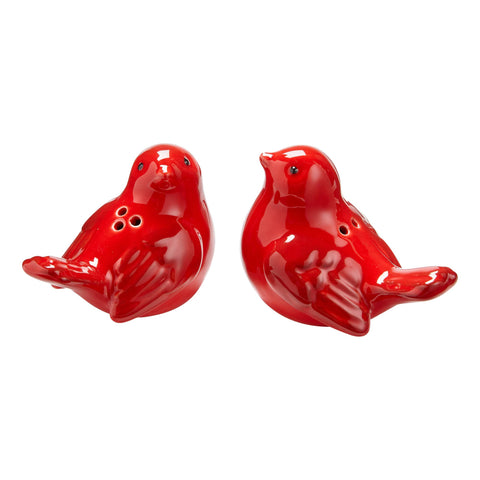Red salt and pepper shakers are 2 lovebirds that are 2.25 inches high x3 inches long and 2.2 inches wide