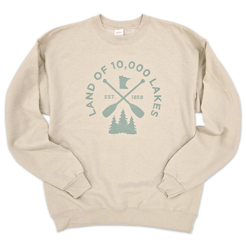off white sweatshirt with 'Land of 10,000 Lakes' graphic on a white background