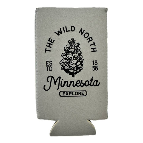 Gray can cooler with 'The Wild North Minnesota Explore' text and design 
