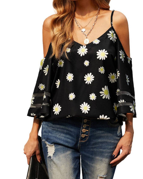 Mesh Insert Cold Shoulder Blouse