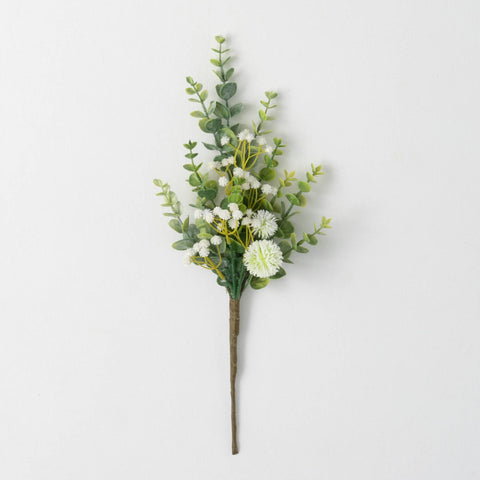 this spray of eucalyptus has white flowers with varying green colors of the leaves. Average 8 inches across and 19 inches tall/long