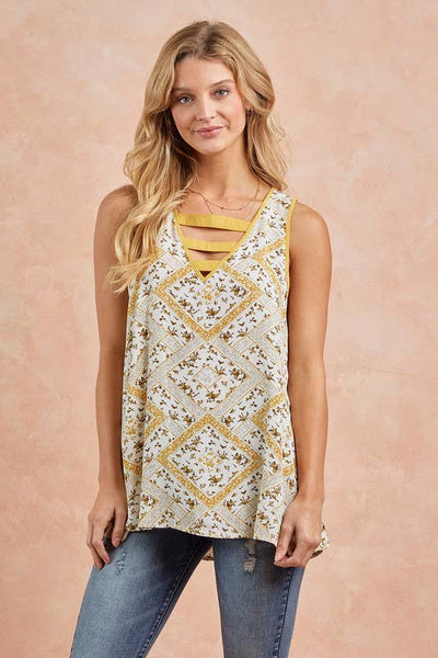 strappy neck printed sleeveless top in white mustard and light brown tiny flowers 