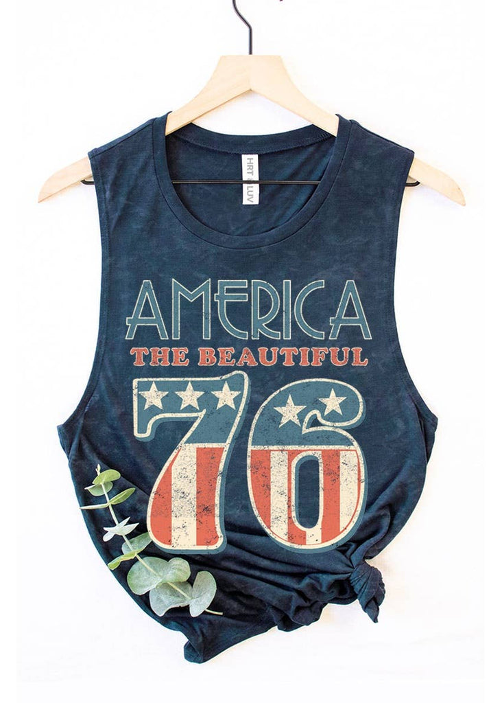 Navy blue graphic tank top with AMERICA the beautiful "76" in red, white and blue 