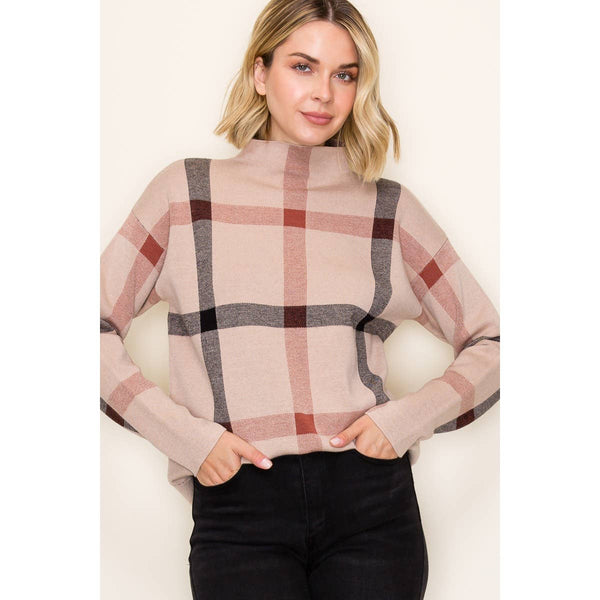 CHECKER MOCK NECK SWEATER