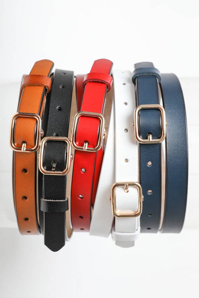 skinny leather belt in black, red and brown