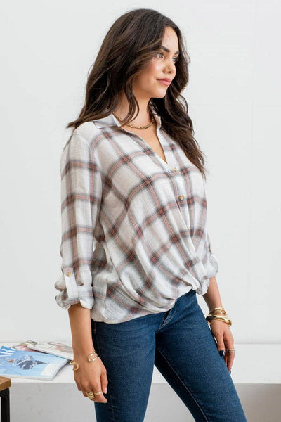 PLAID WRAP BUTTON TOP