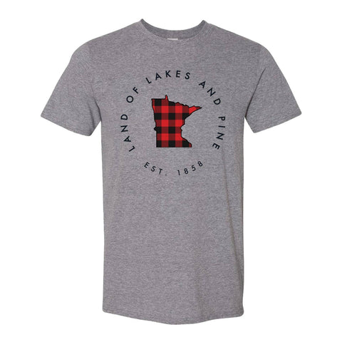 "Land of Lakes and PInes est 1858" gray T with outline of the Minnesota state in buffalo plaid