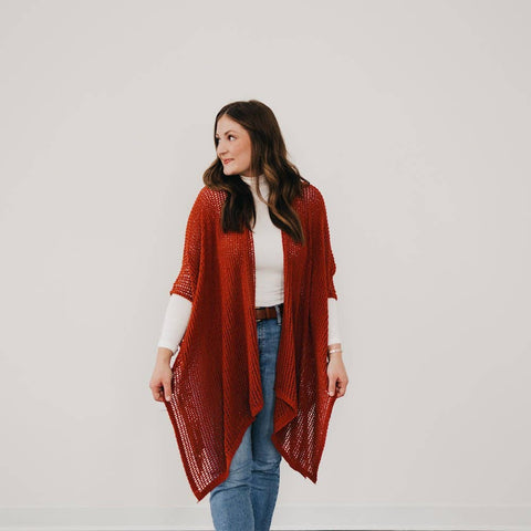 Cece red crochet poncho style open weave kimono