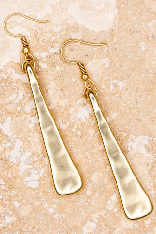 Hammered worn gold long triangle shape fishhook drop earrings. 