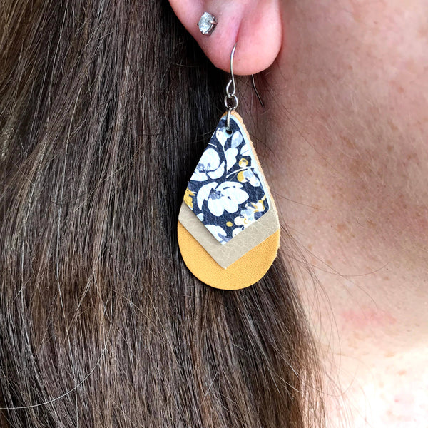 Triple Stacked Teardrop: Navy Floral, Tan & Mustard