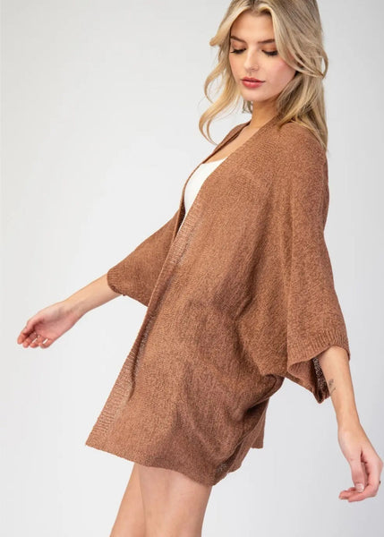 kimono inspired open cardigan, caramel color