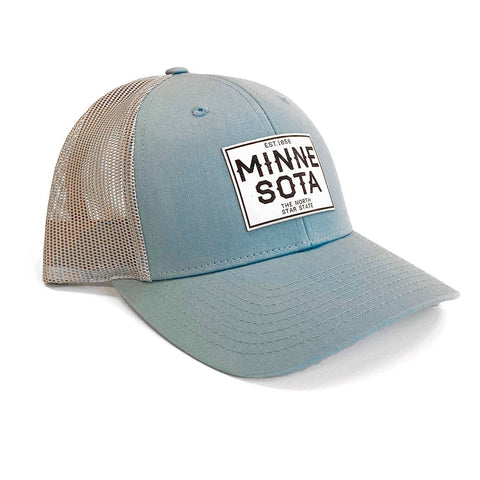 Blue trucker cap with 'MINNE SOTA' patch 