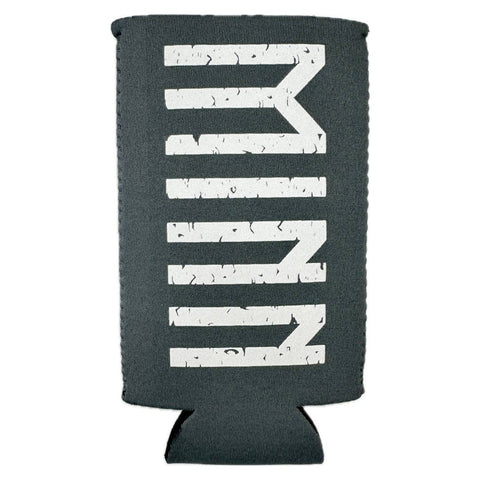 dark gray almost black can cozie cooler with "MINN" graphic print