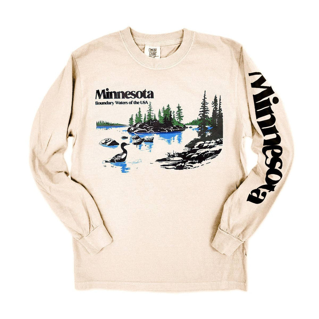 off white graphic T of Minnesota boundary waters and Left sleeve with MINNESOTA graphic along the entire sleeve