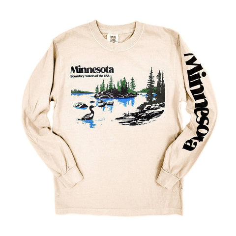 off white graphic T of Minnesota boundary waters and Left sleeve with MINNESOTA graphic along the entire sleeve