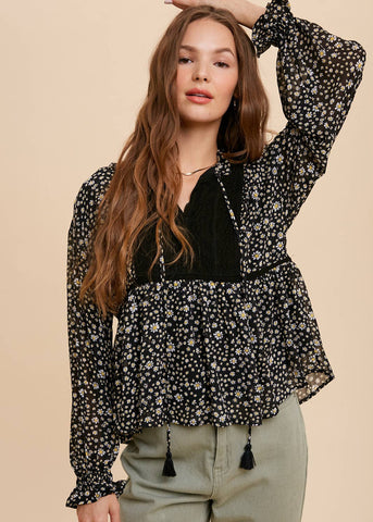 FLORAL TIE NECK BLOUSE