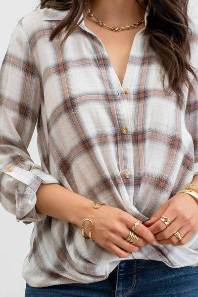 PLAID WRAP BUTTON TOP