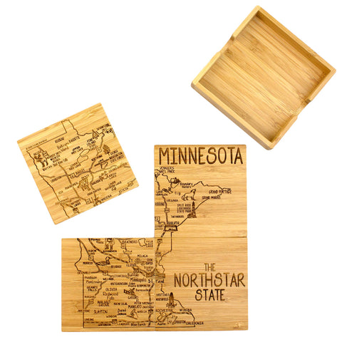 The 4-piece Minnesota coaster puzzle can be stacked or put together. the 4 pieces are made of wood and lazer printed.