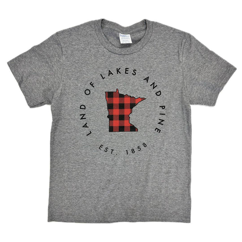 gray T with land of Lakes and PIne est. 1858 with MN state outline in buffalo plaid