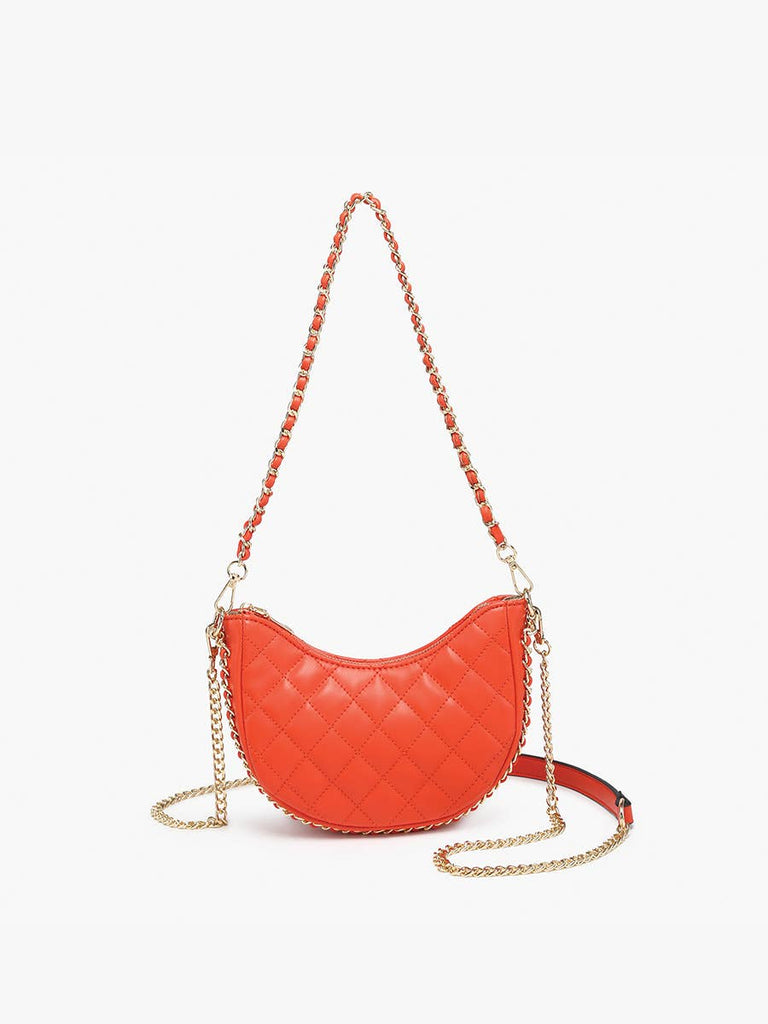 Half moon shape crossover quilted design with side chain for added charm and detail